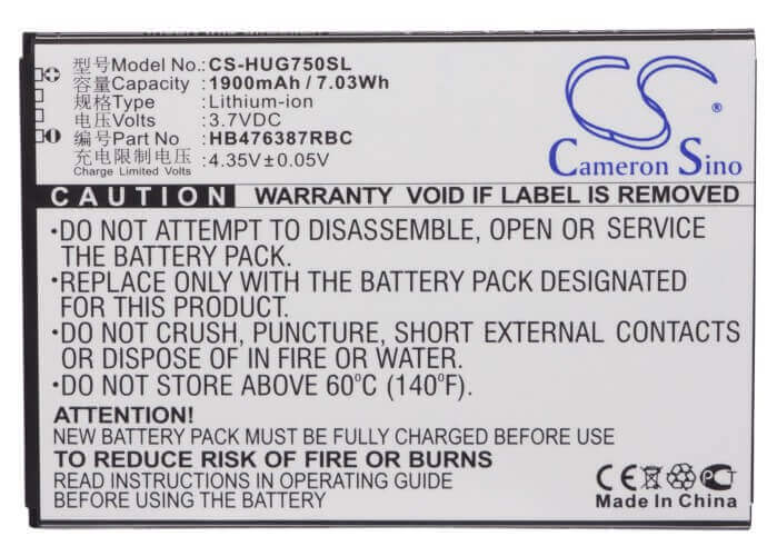 3.7V, Li-ion, 1900mAh, SmartPhone battery fits Huawei, Hb476387rbc, Ascend G750, Ascend G750-t00, 7.03Wh Mobile, SmartPhone Cameron Sino Technology Limited (Suspended)