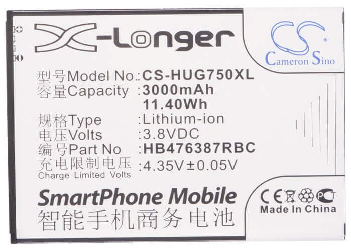 3.8V, Li-ion, 3000mAh, SmartPhone battery fits Huawei, Hb476387rbc, Ascend G750, Ascend G750-t00, 11.4Wh Mobile, SmartPhone Cameron Sino Technology Limited (Smartphone)