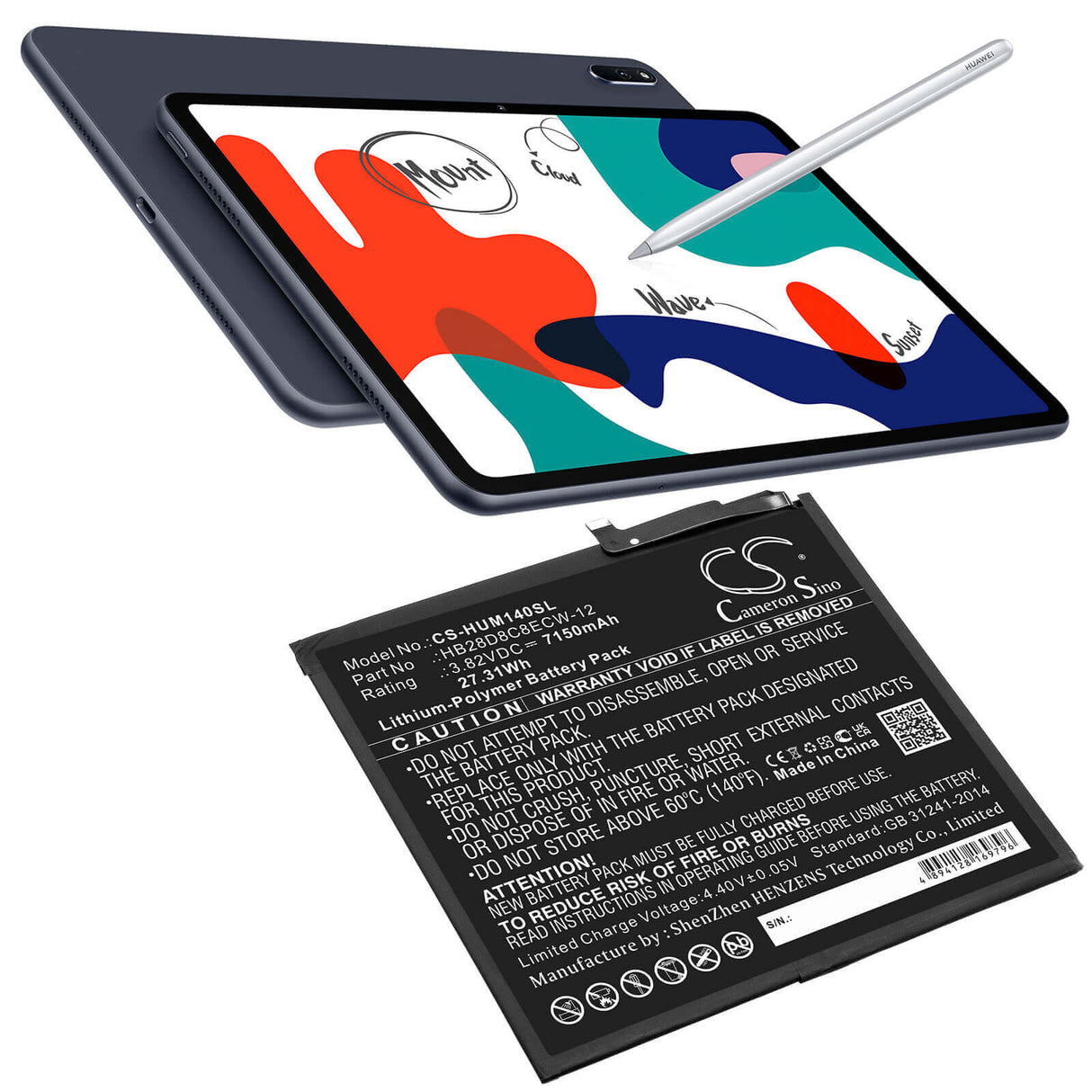 3.82V, Li-Polymer, 7150mAh, Tablet battery fits Huawei, Hb28d8c8ecw-12, Bah3-al00, Bah3-l09, 27.31Wh Tablet Cameron Sino Technology Limited