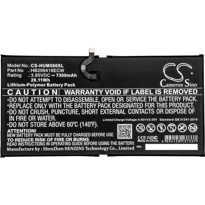 3.85V, Li-Polymer, 7300mAh, Tablet battery fits Huawei, Hb299418ecw, Cmr-al09, Cmr-al19, 28.11Wh Tablet Cameron Sino Technology Limited