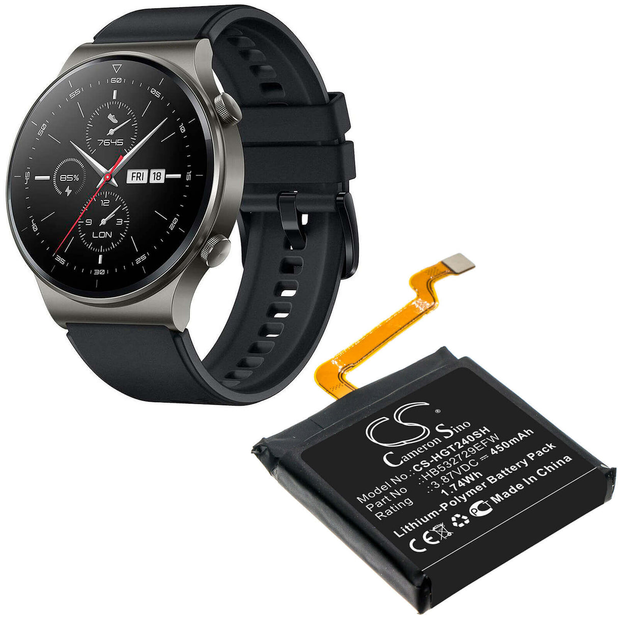 3.87V, Li-Polymer, 450mAh, Smartwatch battery fits Huawei, Hb532729efw, Gll-al04, Gt2 Pro, 1.74Wh Smartwatch Cameron Sino Technology Limited
