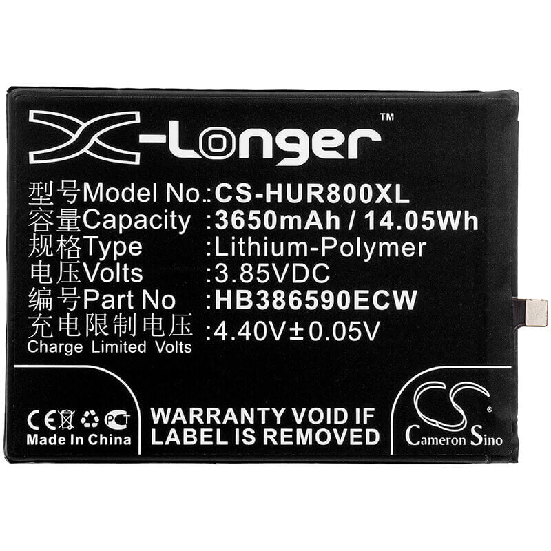 3.85V, Li-Polymer, 3650mAh, SmartPhone battery fits Huawei, Hb386590ecw, Honor 8x, Honor 8x Dual Sim, 14.05Wh Mobile, SmartPhone Cameron Sino Technology Limited (Smartphone)