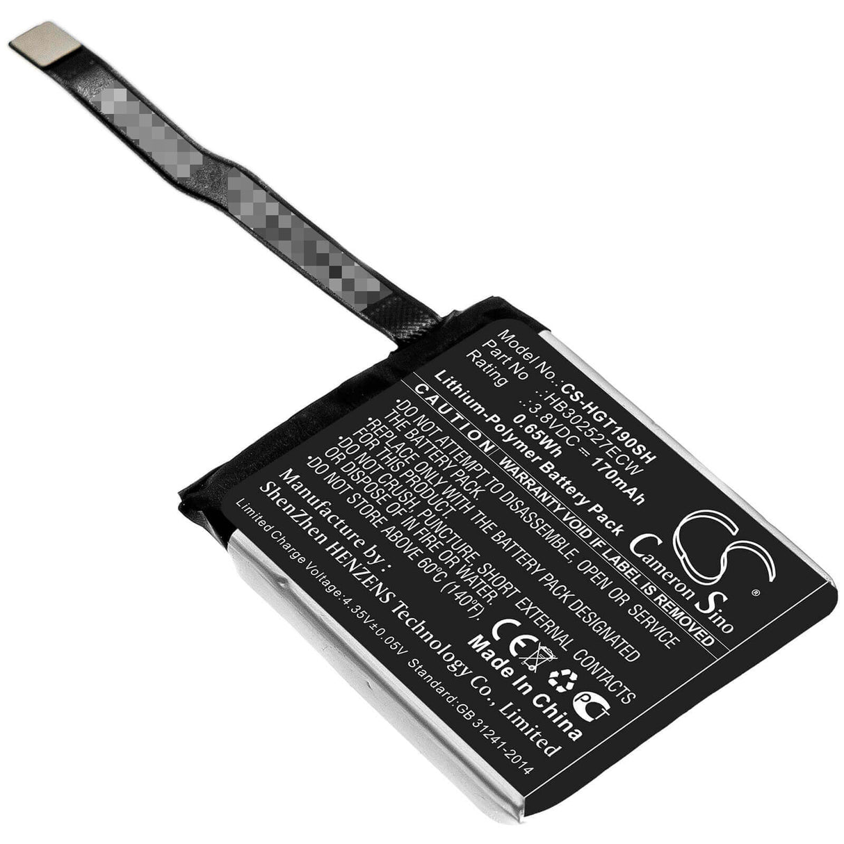 3.8V, Li-Polymer, 170mAh, Smartwatch battery fits Huawei, Hb302527ecw, Magic Gt, Tls-b19, 0.65Wh Smartwatch Cameron Sino Technology Limited