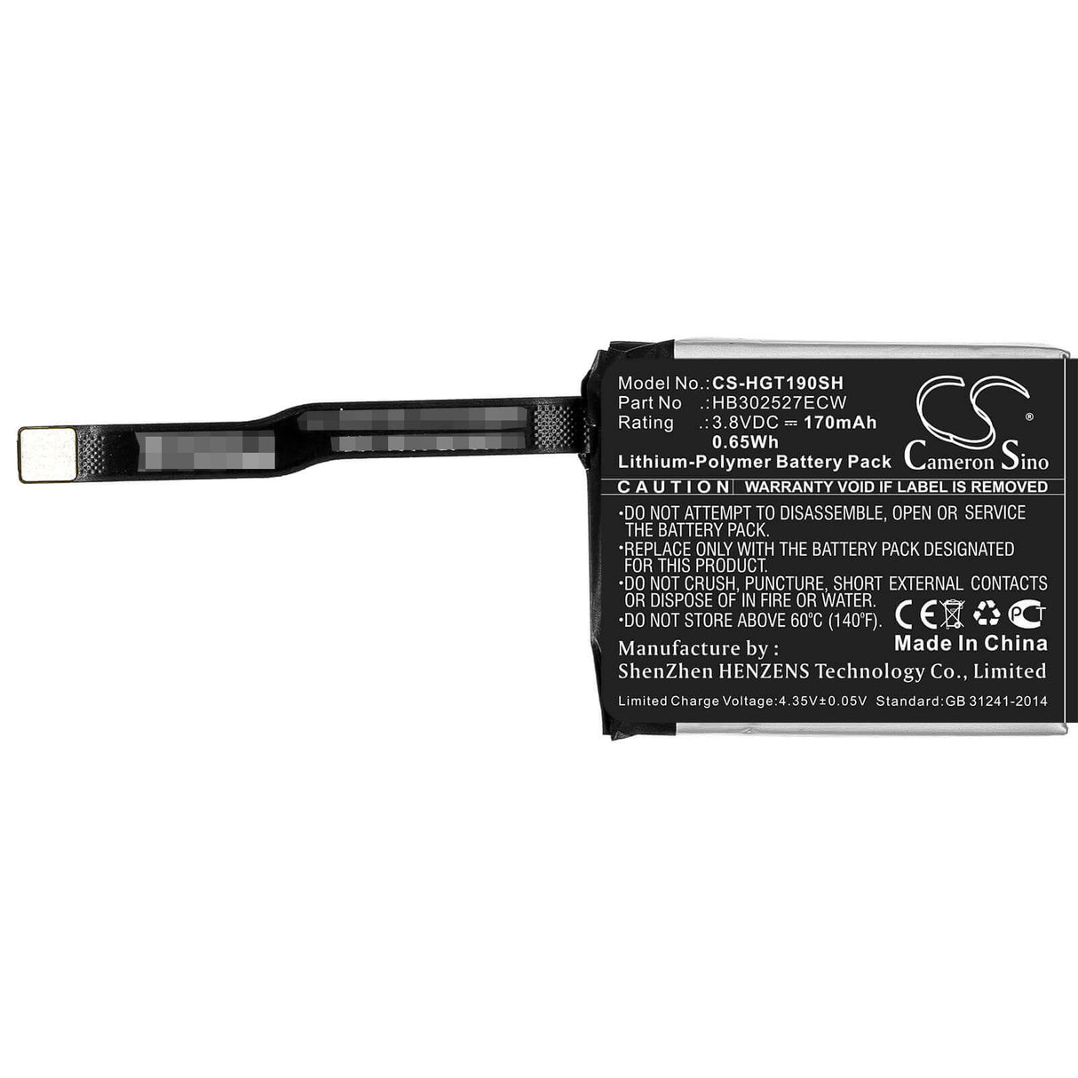 3.8V, Li-Polymer, 170mAh, Smartwatch battery fits Huawei, Hb302527ecw, Magic Gt, Tls-b19, 0.65Wh Smartwatch Cameron Sino Technology Limited