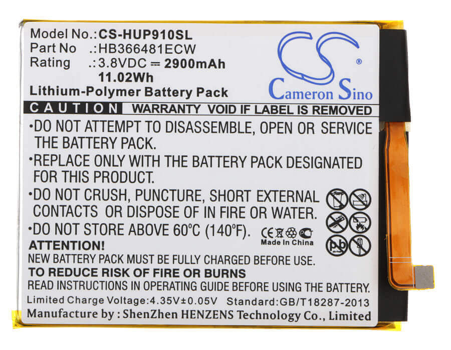 3.8V, Li-Polymer, 2900mAh, SmartPhone battery fits Huawei, Hb366481ecw, 6 2018 Dual Sim, 6 2018 Dual Sim Lte, 11.02Wh Mobile, SmartPhone Cameron Sino Technology Limited (Smartphone)