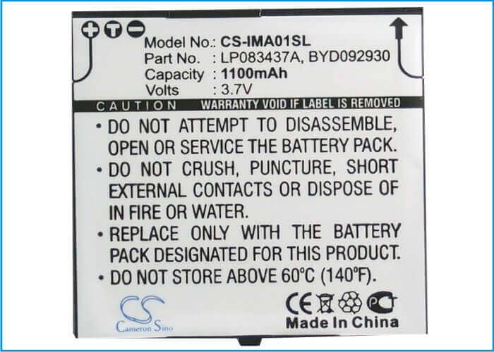 3.7V, Li-ion, 1100mAh, SmartPhone battery fits I-mate, Byd092930, Spl, 4.07Wh Mobile, SmartPhone Cameron Sino Technology Limited (Suspended)