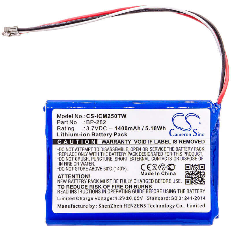 3.7V, Li-ion, 1400mAh, Two-Way Radio battery fits Icom, Bp-282, Ic-m25, 5.18Wh Two-Way Radio Cameron Sino Technology Limited