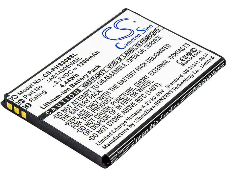 3.7V, Li-ion, 1200mAh, SmartPhone battery fits Inew, Philips, Ab1400bwml, U1, 4.44Wh Mobile, SmartPhone Cameron Sino Technology Limited (Suspended)