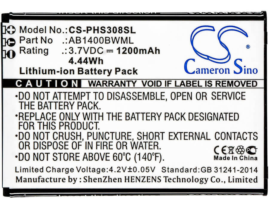 3.7V, Li-ion, 1200mAh, SmartPhone battery fits Inew, Philips, Ab1400bwml, U1, 4.44Wh Mobile, SmartPhone Cameron Sino Technology Limited (Suspended)