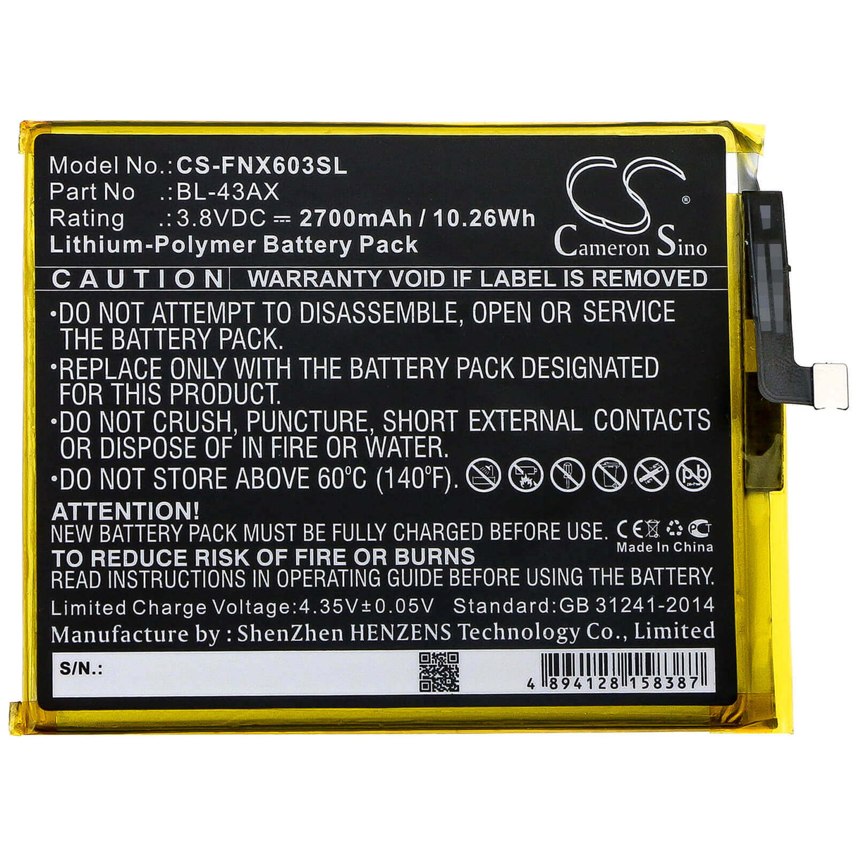 3.8V, Li-Polymer, 2700mAh, SmartPhone battery fits Infinix, Bl-43ax, X603, Zero 5, 10.26Wh Mobile, SmartPhone Cameron Sino Technology Limited (Smartphone)