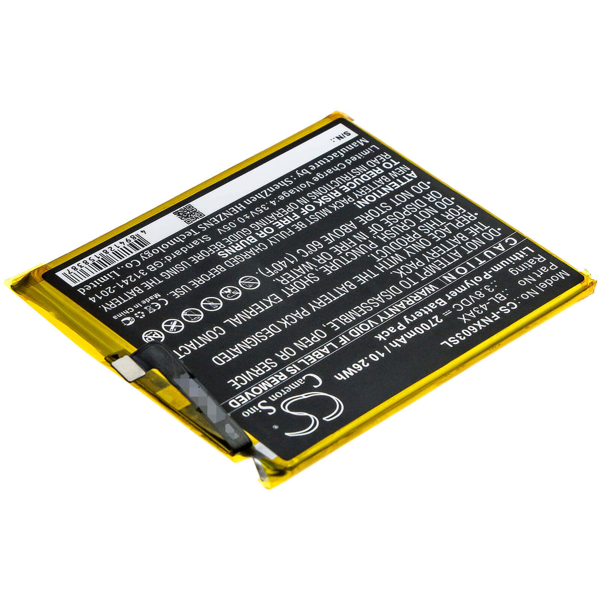 3.8V, Li-Polymer, 2700mAh, SmartPhone battery fits Infinix, Bl-43ax, X603, Zero 5, 10.26Wh Mobile, SmartPhone Cameron Sino Technology Limited (Smartphone)