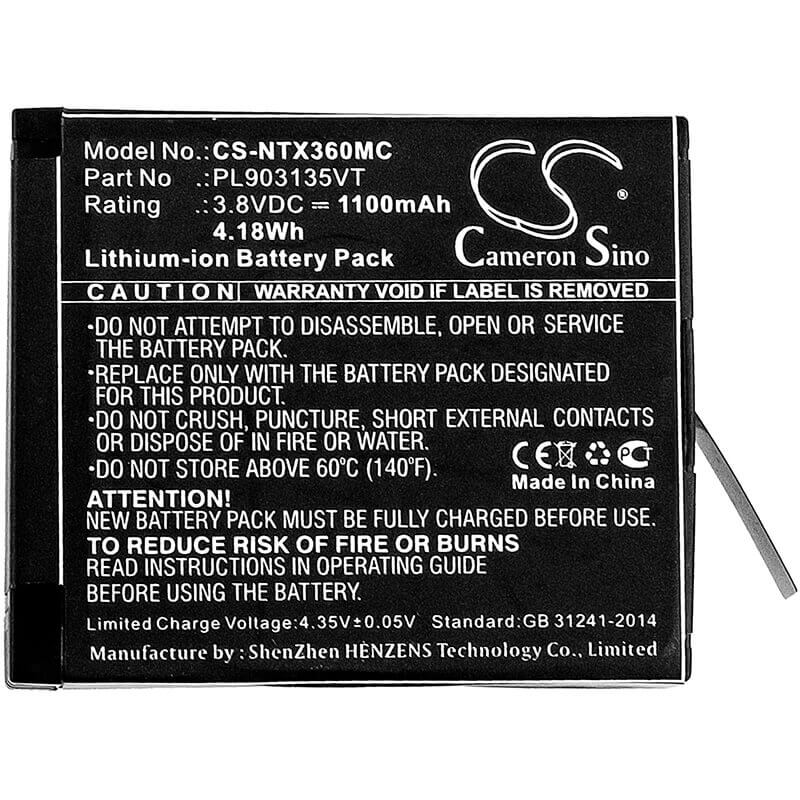 3.8V, Li-ion, 1100mAh, Camera battery fits Insta360, Pl903135vt, One X, 4.18Wh Camera Cameron Sino Technology Limited (Camera)