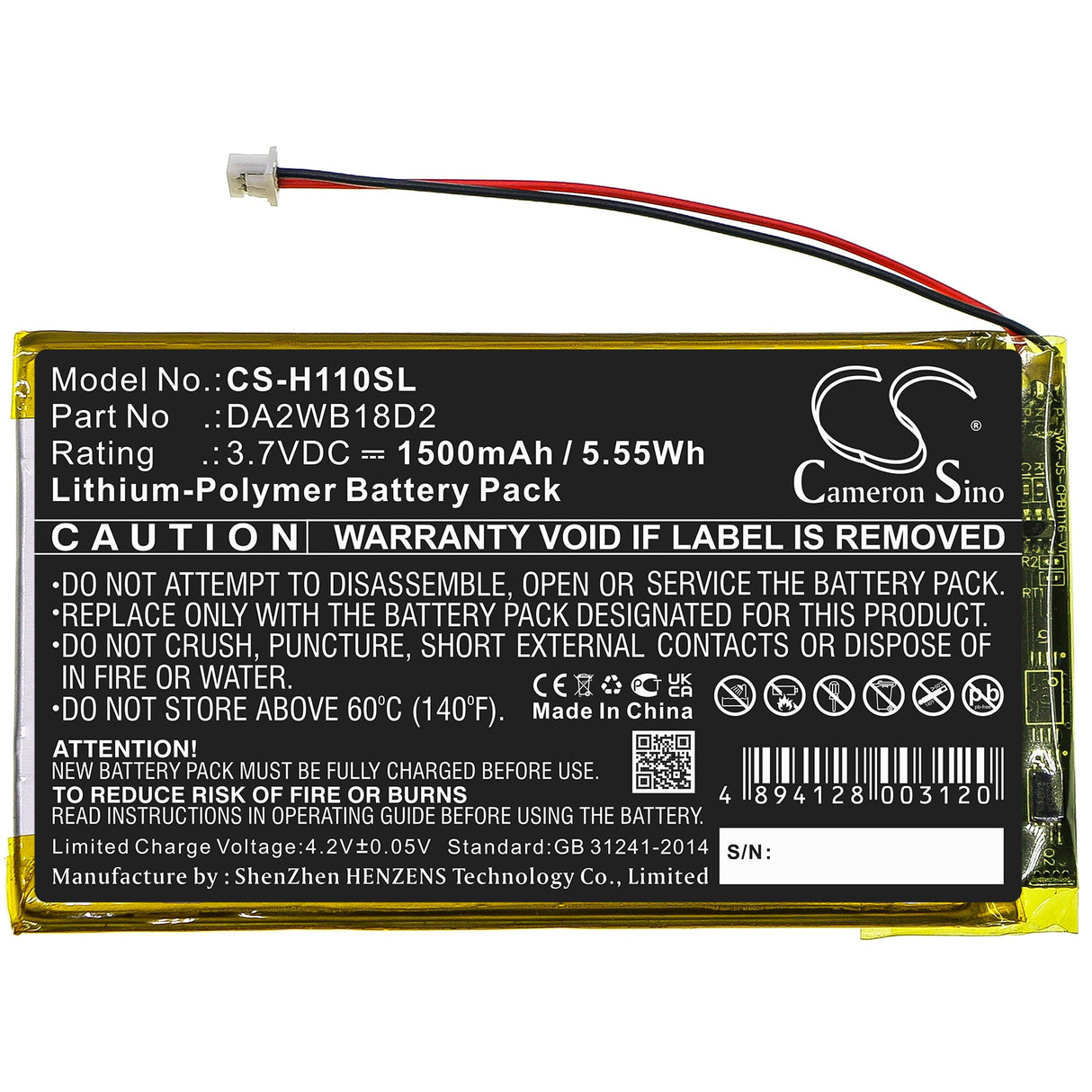 3.7V, Li-Polymer, 1500mAh, Media Player battery fits Iriver, Da2wb18d2, H110, H120, 5.55Wh Media Player Cameron Sino Technology Limited