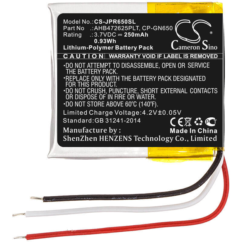 3.7V, Li-Polymer, 250mAh, Headset battery fits Jabra, Ahb472625plt, Evolve 65, Evolve 80, 0.93Wh Wireless Headset Cameron Sino Technology Limited