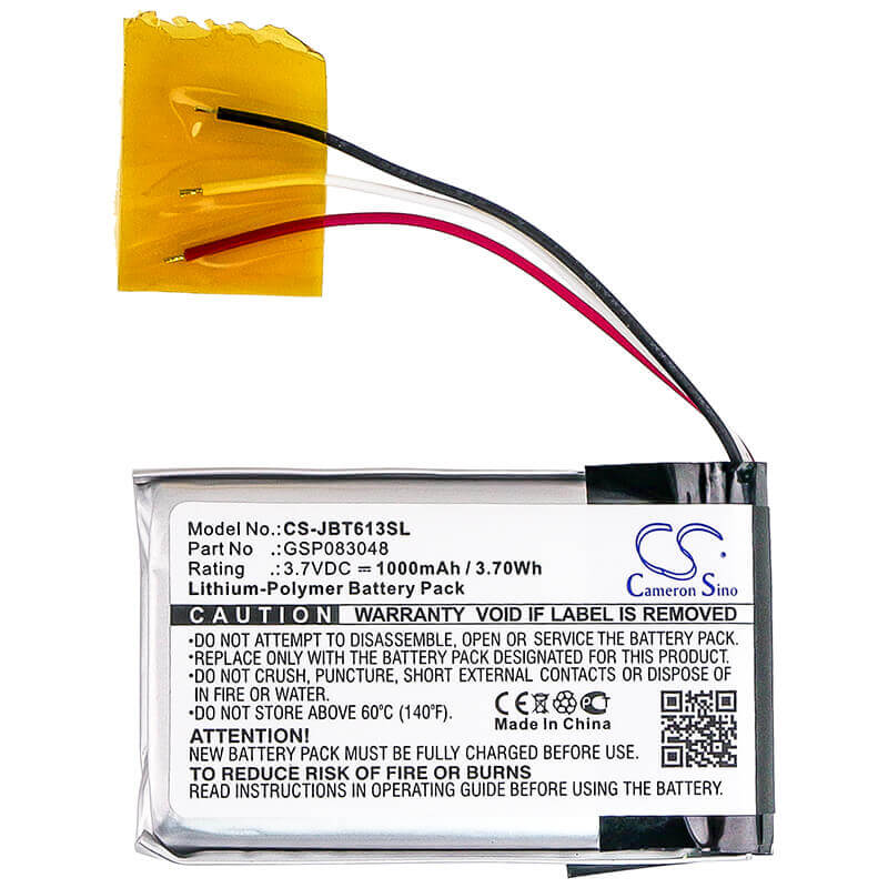 3,7V, Li-Polymère, 1000mAh, Batterie de haut-parleur compatible avec Jbl, 6132a-jbltrip, Trip, 3,70Wh Haut-parleur Cameron Sino Technology Limited