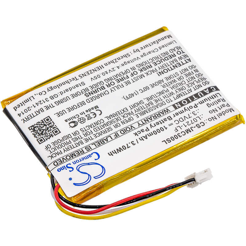 3.7V, Li-Polymer, 1000mAh, Speaker battery fits Jbl, Clip 3, Clip 3an, 3.70Wh Speaker Cameron Sino Technology Limited
