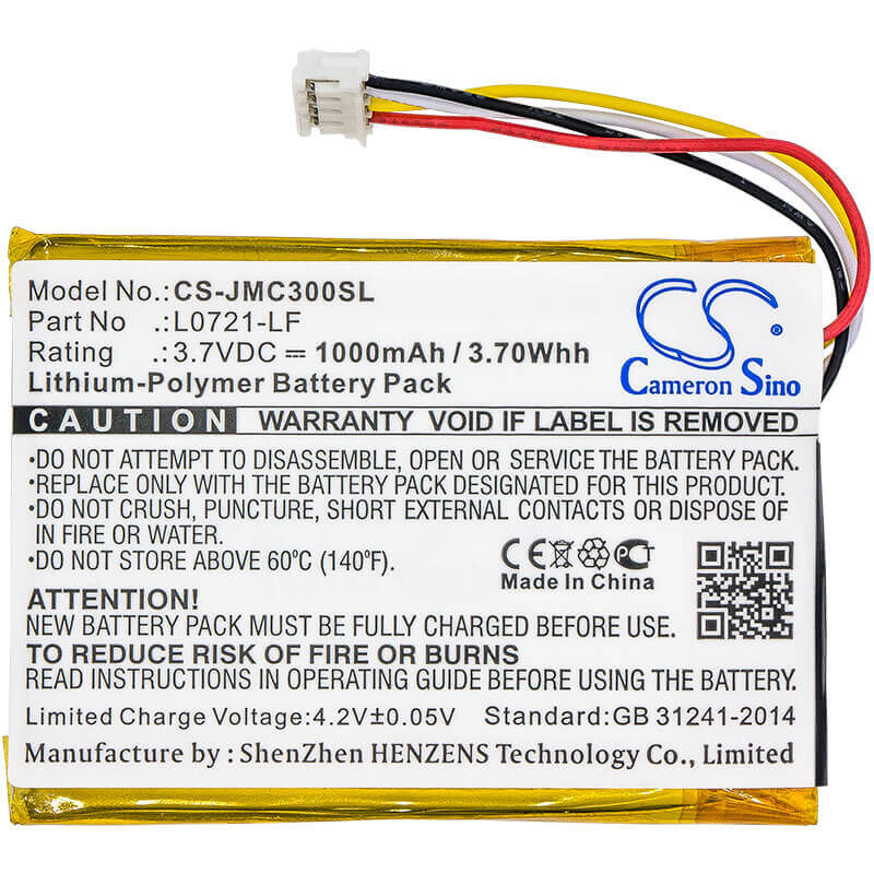 3.7V, Li-Polymer, 1000mAh, Speaker battery fits Jbl, Clip 3, Clip 3an, 3.70Wh Speaker Cameron Sino Technology Limited