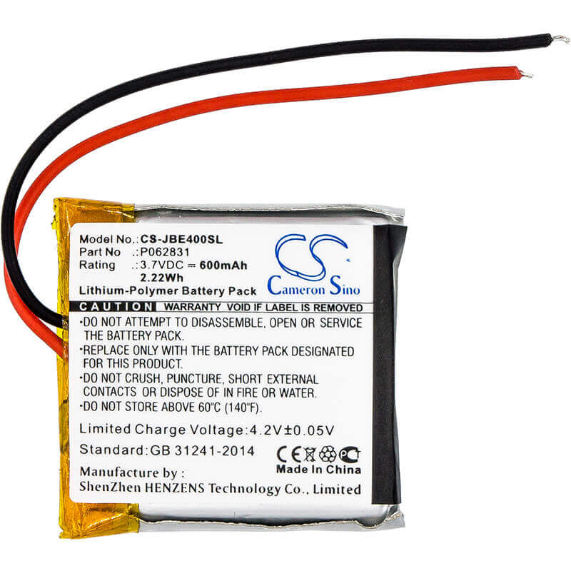 3.7V, Li-Polymer, 600mAh, Headset battery fits Jbl, P062831, Synchros S400bt, Tune 600bt, 2.22Wh Wireless Headset Cameron Sino Technology Limited
