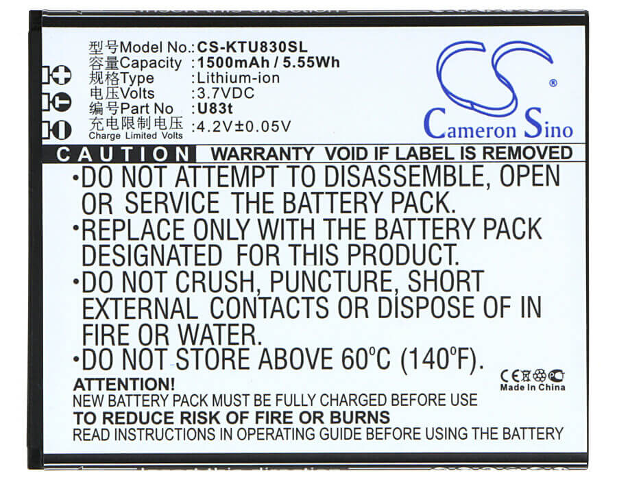 3.7V, Li-ion, 1500mAh, batterie de smartphone compatible avec K-touch, U83t, U83t, 5.55Wh Mobile, Smartphone Cameron Sino Technology Limited (Smartphone)