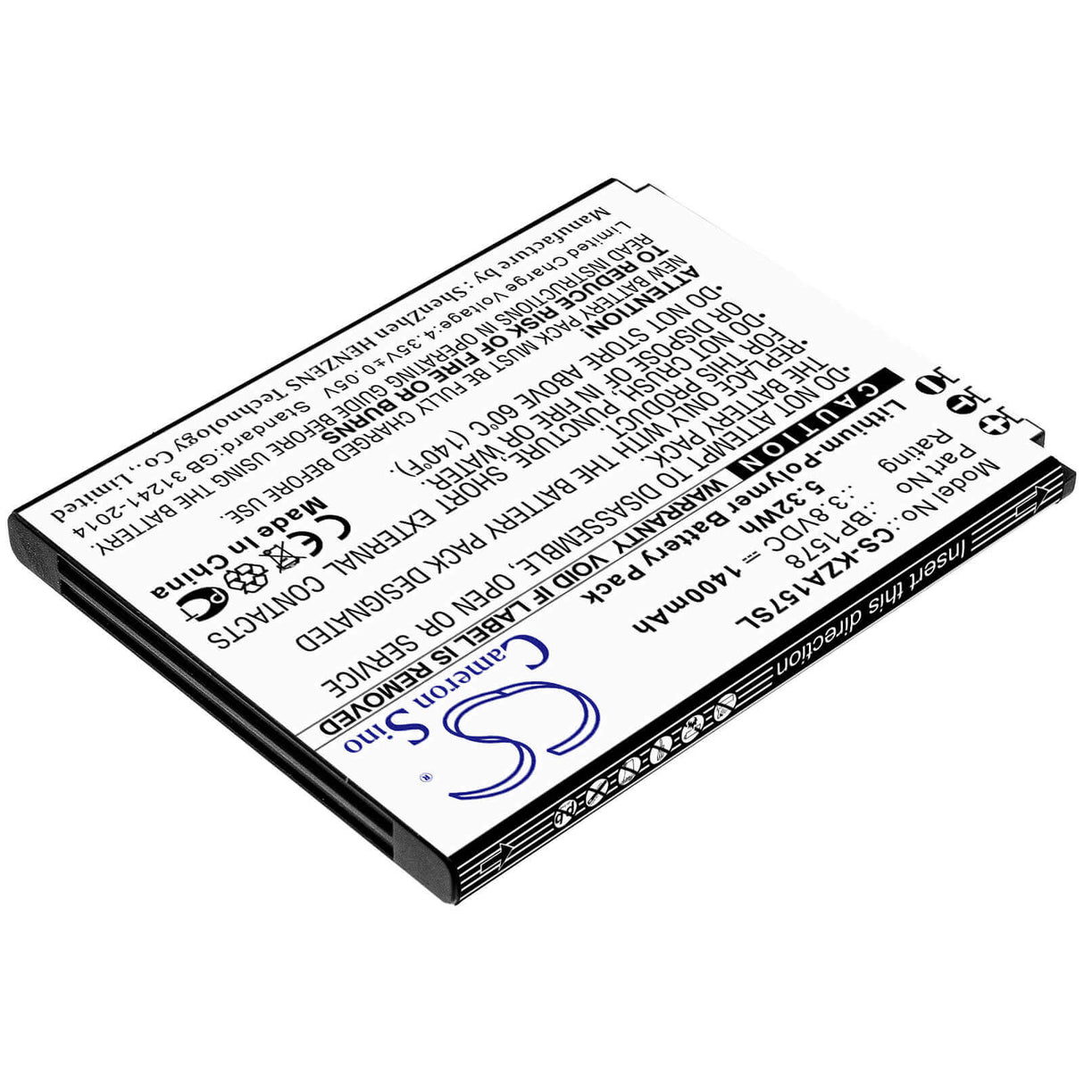 3.8V, Li-Polymer, 1400mAh, SmartPhone battery fits Kazuna, Bp1578, 440g, Etalk, 5.32Wh Mobile, SmartPhone Cameron Sino Technology Limited (Smartphone)