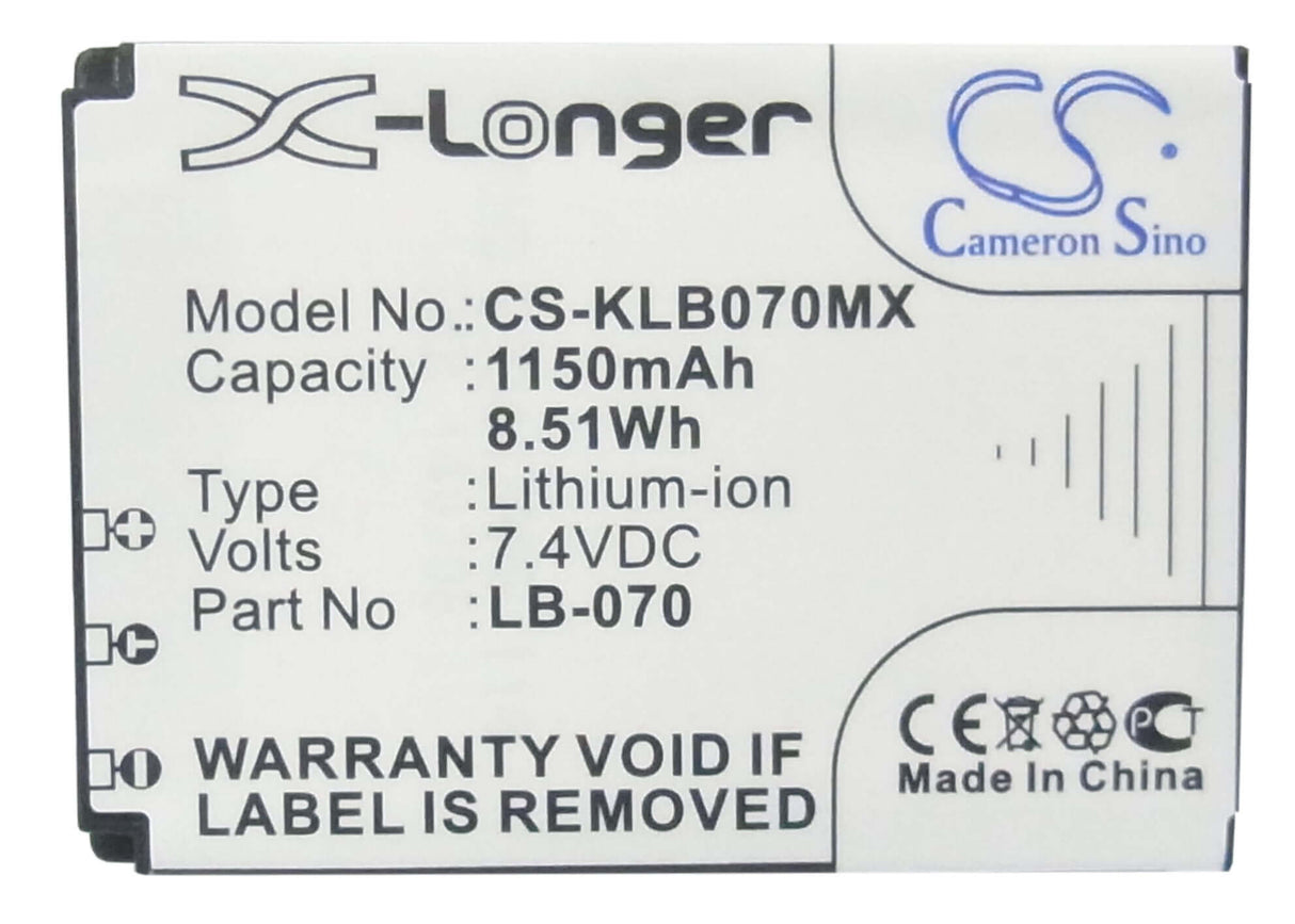 7.4V, Li-ion, 1150mAh, Camera battery fits Kodak, Lb-070, Pixpro Az651, Pixpro Az651 Astro Zoom, 8.51Wh Camera Cameron Sino Technology Limited (Camera)