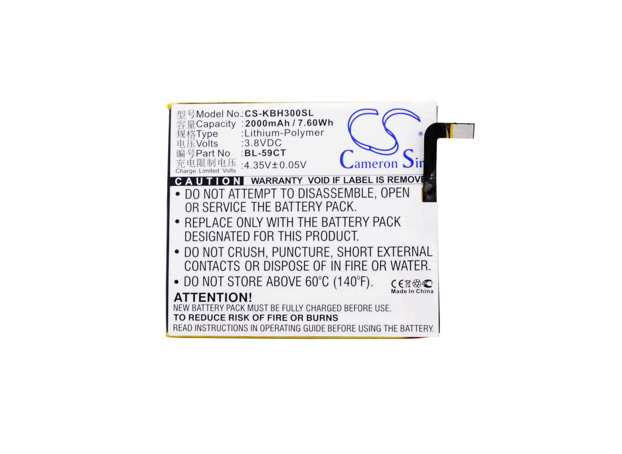 3.8V, Li-Polymer, 2000mAh, SmartPhone battery fits Koobee, Bl-59ct, H3, 7.6Wh Mobile, SmartPhone Cameron Sino Technology Limited (Suspended)