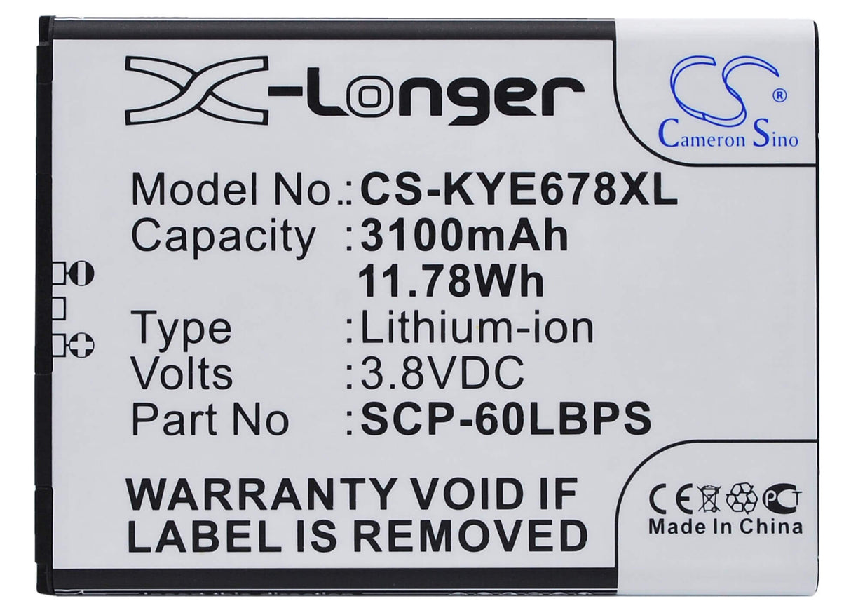 3.8V, Li-ion, 3100mAh, SmartPhone battery fits Kyocera, 5aaxbt076gea, Brigadier, Duraforce, 11.78Wh Mobile, SmartPhone Cameron Sino Technology Limited (Smartphone)