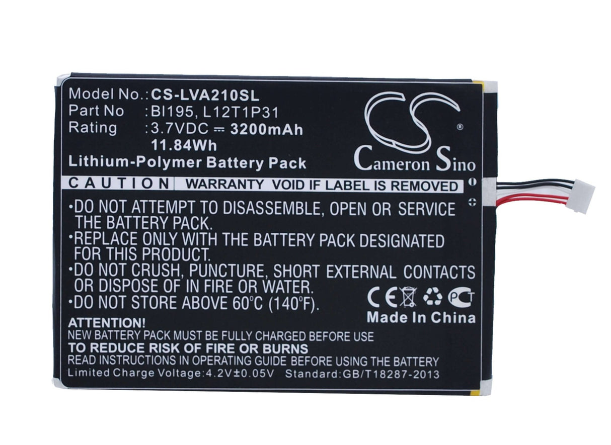3.7V, Li-Polymer, 3200mAh, Tablet battery fits Lenovo, Bl195, A2, A2107, 11.84Wh Tablet Cameron Sino Technology Limited
