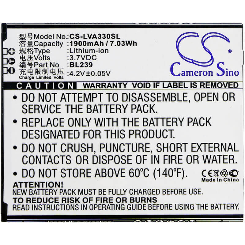 3.7V, Li-ion, 1900mAh, SmartPhone battery fits Lenovo, Bl239, A330e, A3500, 7.03Wh Mobile, SmartPhone Cameron Sino Technology Limited (Smartphone)