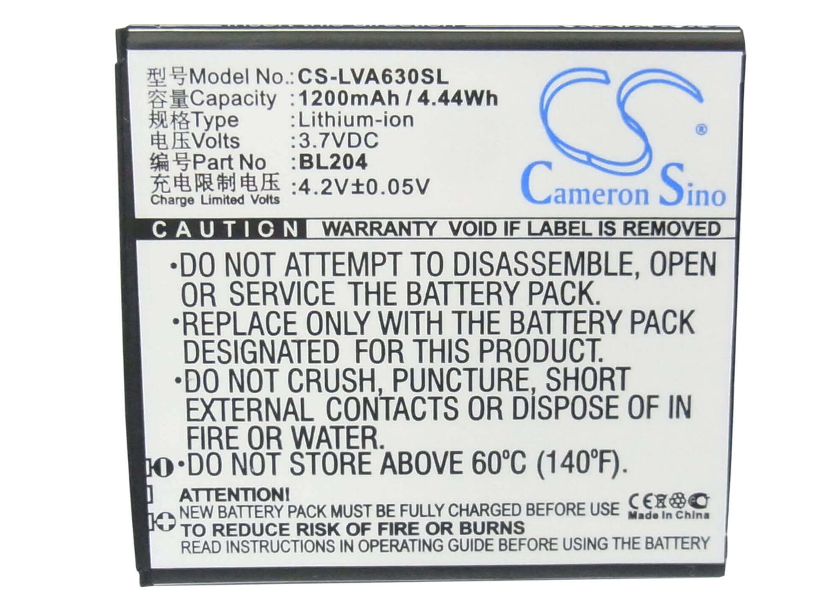 3,7V, Li-ion, 1200mAh, batterie de smartphone compatible Lenovo, Bl204, A586, A630t, 4,44Wh Mobile, Smartphone Cameron Sino Technology Limited (Smartphone)
