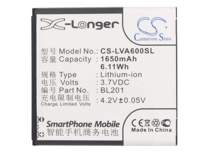 3,7V, Li-ion, 1650mAh, Batterie de smartphone compatible avec Lenovo, Bl201, A60+, 6,11Wh Mobile, Smartphone Cameron Sino Technology Limited (Smartphone)