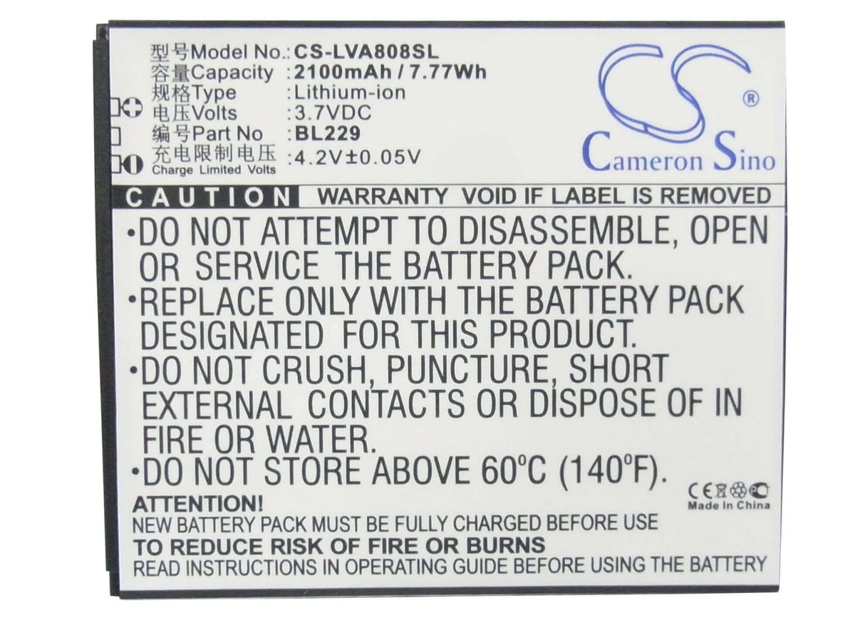 3.7V, Li-ion, 2100mAh, SmartPhone battery fits Lenovo, Bl229, A8, A806, 7.77Wh Mobile, SmartPhone Cameron Sino Technology Limited (Smartphone)
