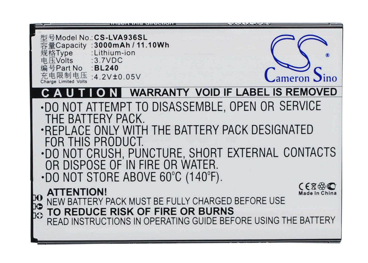 3.7V, Li-Polymer, 3000mAh, SmartPhone battery fits Lenovo, Bl240, A936, 11.1Wh Mobile, SmartPhone Cameron Sino Technology Limited (Smartphone)