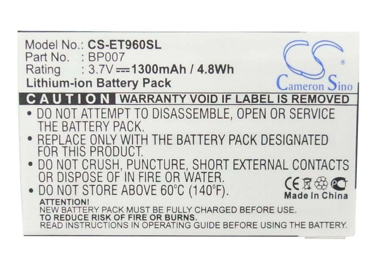 3.7V, Li-Polymer, 1300mAh, SmartPhone battery fits Lenovo, Bp07, Et960, 4.81Wh Mobile, SmartPhone Cameron Sino Technology Limited (Smartphone)
