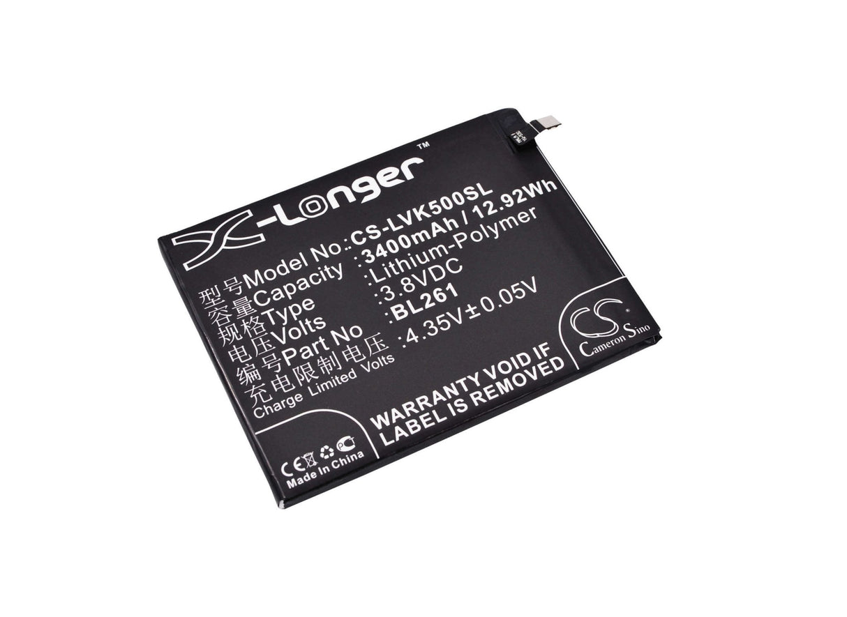 3.8V, Li-Polymer, 3400mAh, SmartPhone battery fits Lenovo, Bl261, A7020a48, K5 Note, 12.92Wh Mobile, SmartPhone Cameron Sino Technology Limited (Smartphone)