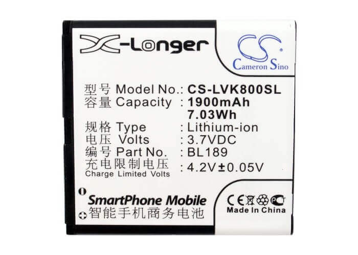 3,7V, Li-ion, 1900mAh, Batterie de smartphone compatible Lenovo, Bl189, K800, 7,03Wh Mobile, Smartphone Cameron Sino Technology Limited (Smartphone)
