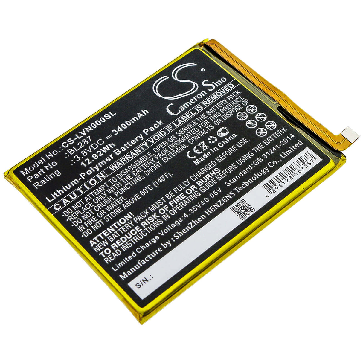 3.8V, Li-Polymer, 3400mAh, SmartPhone battery fits Lenovo, Bl287, K9 Note, 12.92Wh Mobile, SmartPhone Cameron Sino Technology Limited (Smartphone)