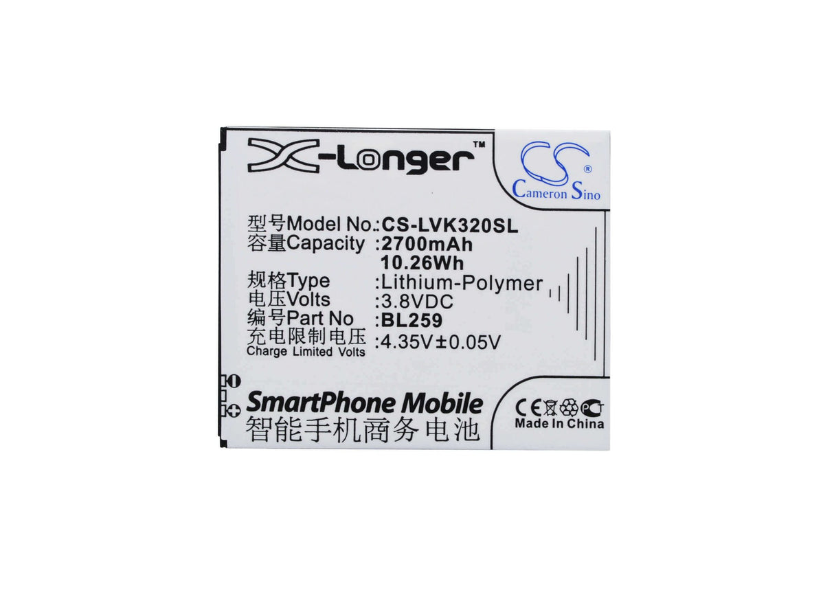 3,8V, Li-Polymère, 2700mAh, batterie de smartphone compatible avec Lenovo, Bl259, K32c36, Lemon 3, 10.26Wh Mobile, Smartphone Cameron Sino Technology Limited (Smartphone)