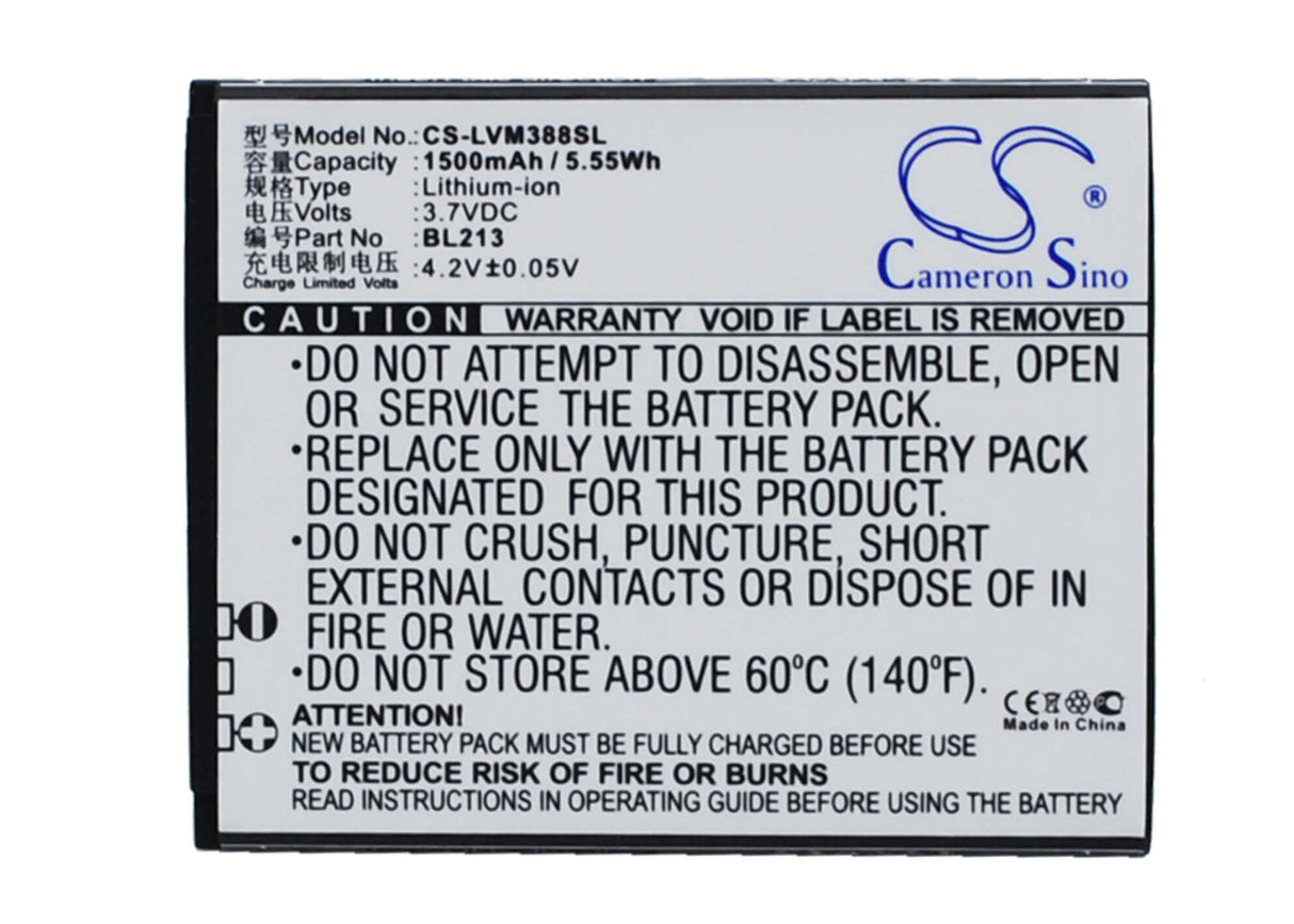 3.7V, Li-ion, 1500mAh, SmartPhone battery fits Lenovo, Bl213, Ma388, Ma388a, 5.55Wh Mobile, SmartPhone Cameron Sino Technology Limited (Suspended)