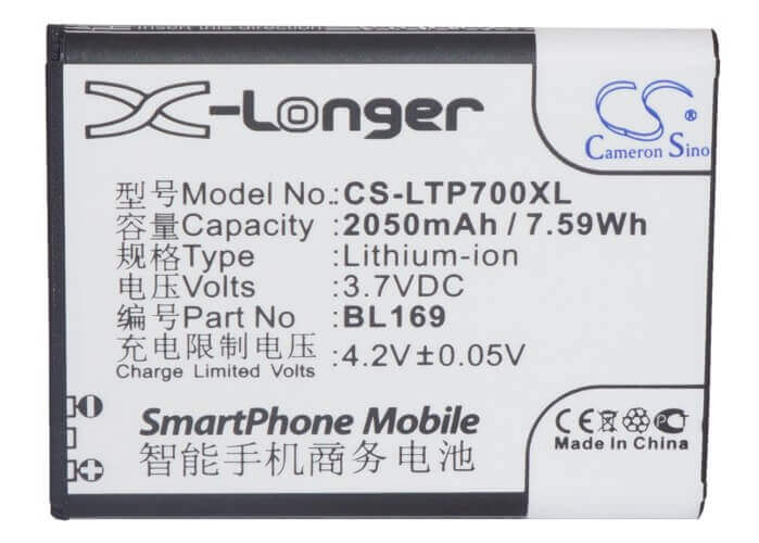 3,7V, Li-Polymer, 2050mAh, batterie de smartphone compatible Lenovo, Bl169, A789, P70, 7,59Wh Mobile, Smartphone Cameron Sino Technology Limited (Smartphone)