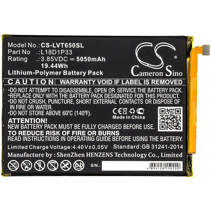 3.85V, Li-Polymer, 5050mAh, Tablet battery fits Lenovo, L18d1p33, Pb-6505m, Tab V7, 19.44Wh Tablet Cameron Sino Technology Limited