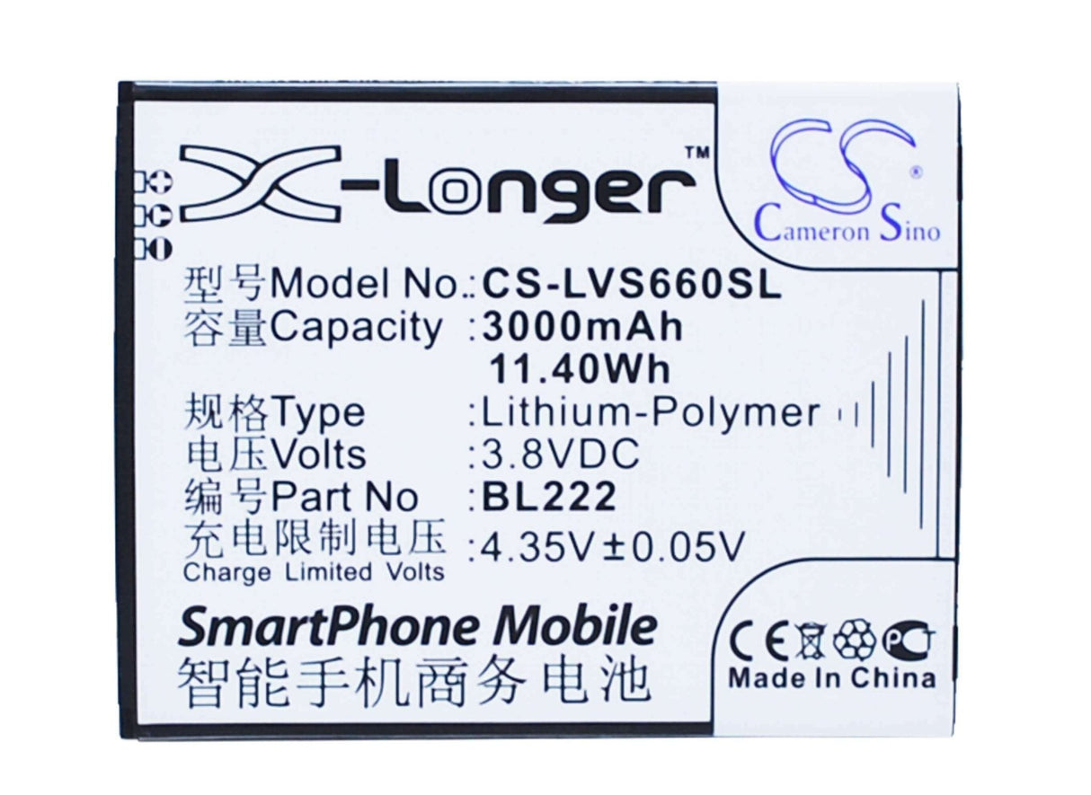 3.8V, Li-Polymer, 3000mAh, SmartPhone battery fits Lenovo, Bl222, S660, S668t, 11.4Wh Mobile, SmartPhone Cameron Sino Technology Limited (Smartphone)