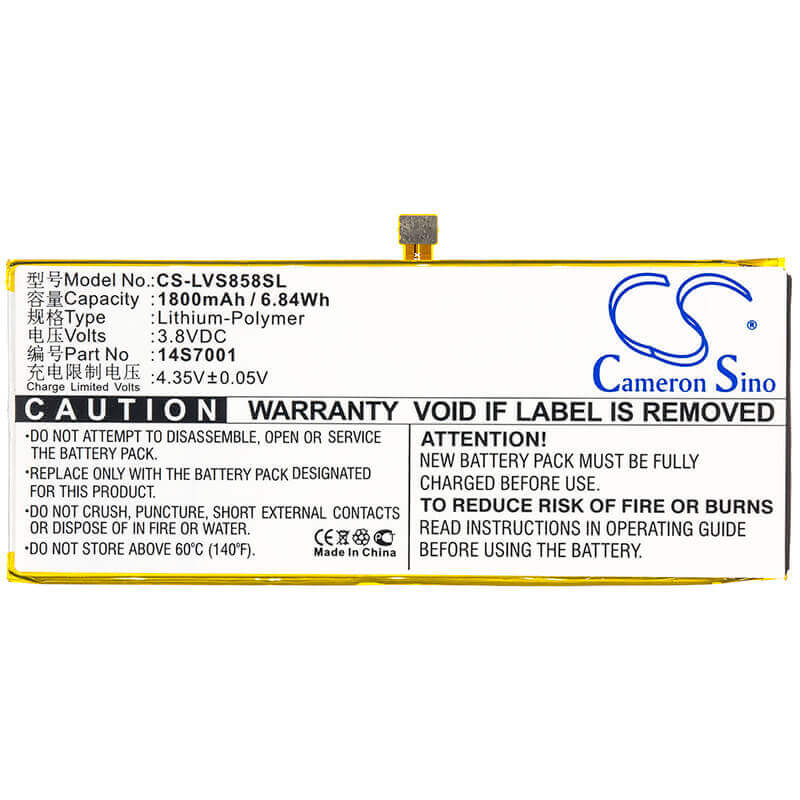 3.8V, Li-Polymer, 1800mAh, SmartPhone battery fits Lenovo, 14s7001, S858t, 6.84Wh Mobile, SmartPhone Cameron Sino Technology Limited (Suspended)
