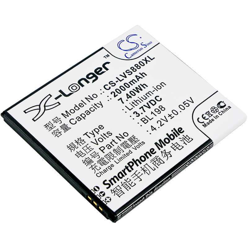 3.7V, Li-ion, 2000mAh, SmartPhone battery fits Lenovo, Bl198, A830, A850, 7.4Wh Mobile, SmartPhone Cameron Sino Technology Limited (Smartphone)