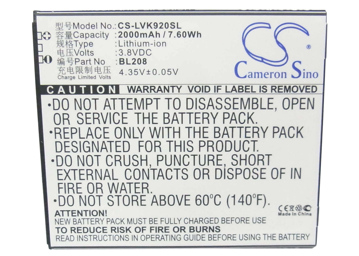 3.8V, Li-ion, 2000mAh, SmartPhone battery fits Lenovo, Bl208, S920, 7.6Wh Mobile, SmartPhone Cameron Sino Technology Limited (Smartphone)
