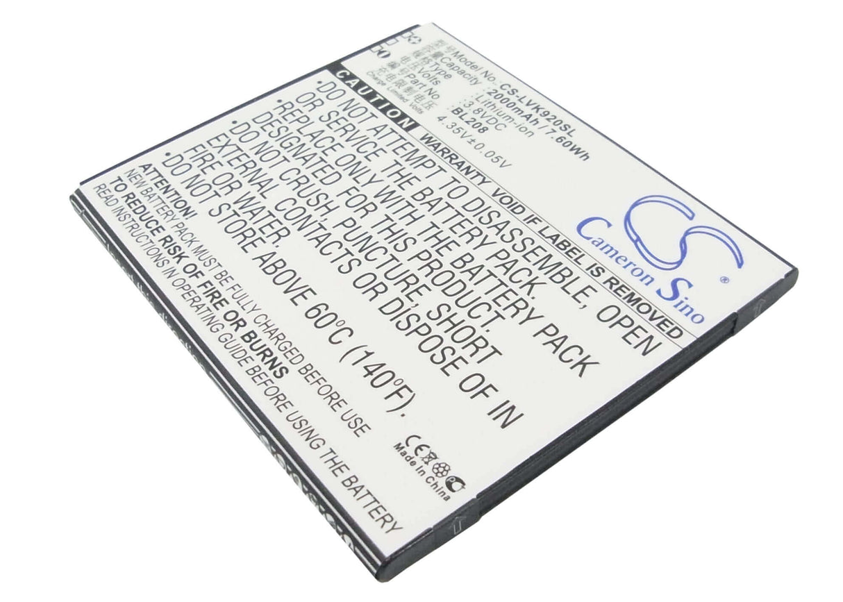 3.8V, Li-ion, 2000mAh, SmartPhone battery fits Lenovo, Bl208, S920, 7.6Wh Mobile, SmartPhone Cameron Sino Technology Limited (Smartphone)