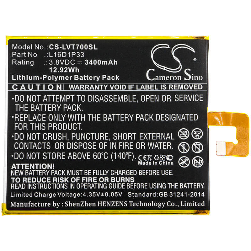 3,8V, Li-Polymer, 3400mAh, Batterie de tablette compatible Lenovo, L16d1p33, Tab 7, Tb-7504f, 12,92Wh Tablette Cameron Sino Technology Limited