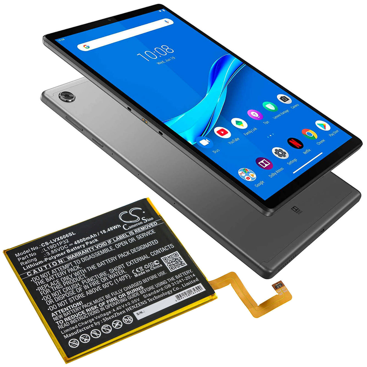 3.85V, Li-Polymer, 4800mAh, Tablet battery fits Lenovo, L19d1p32, Tab M10 Plus, Tb-x606f, 18.48Wh Tablet Cameron Sino Technology Limited