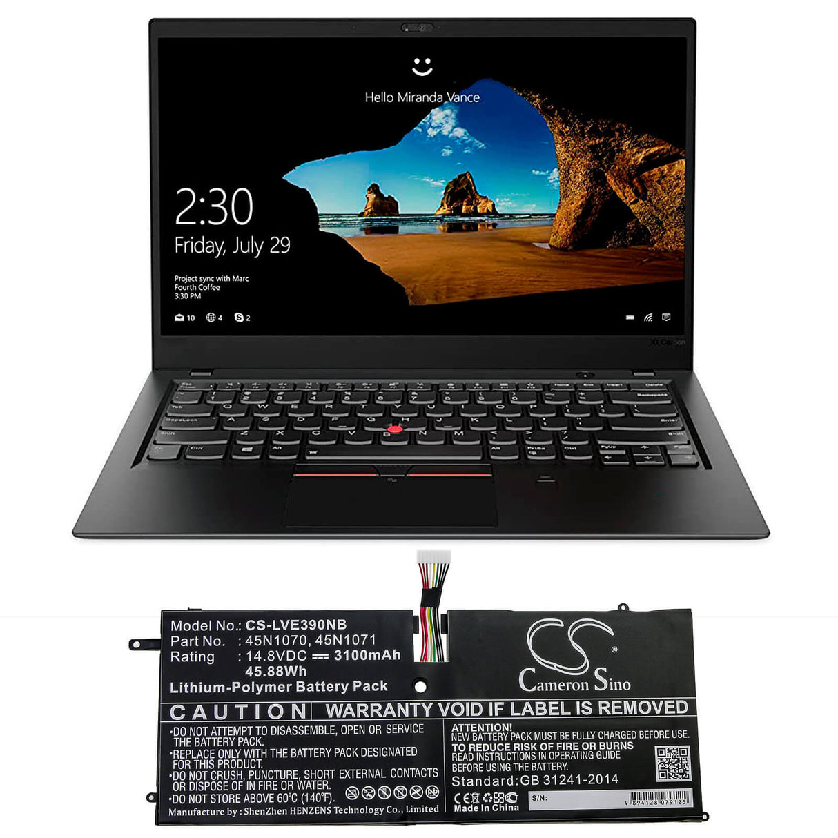 Battery For Lenovo, Thinkpad X1 Carbon, Thinkpad X1 Carbon 3444, Thinkpad X1 Carbon 3444-2hu 14.8v, 3100mah - 45.88wh Notebook, Laptop Cameron Sino Technology Limited