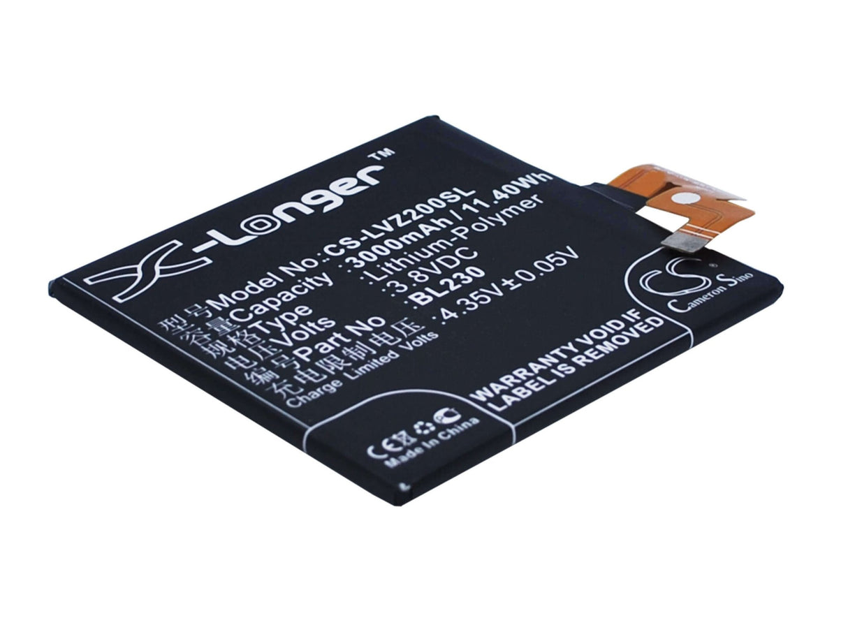3.8V, Li-Polymer, 3000mAh, SmartPhone battery fits Lenovo, Bl230, Vibe Z2, Vibe Z2t, 11.4Wh Mobile, SmartPhone Cameron Sino Technology Limited (Smartphone)